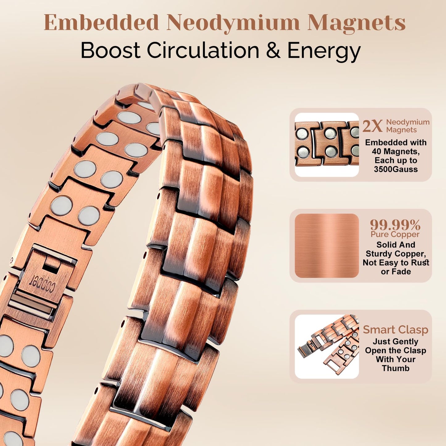 JEROOT Men's 99.99% Pure Copper Magnetic Bracelet, 3500 Gauss Magnets Adjustable with Sizing Tool