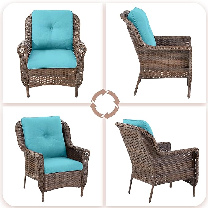 Patio Wicker Chairs Outdoor Furniture Chair - Set of 4 Outside All Weather Lawn Dining Brown Rattan Armchair with High Back&Deep Seating for Deck Porch Balcony Backyard Garden - Turqoise