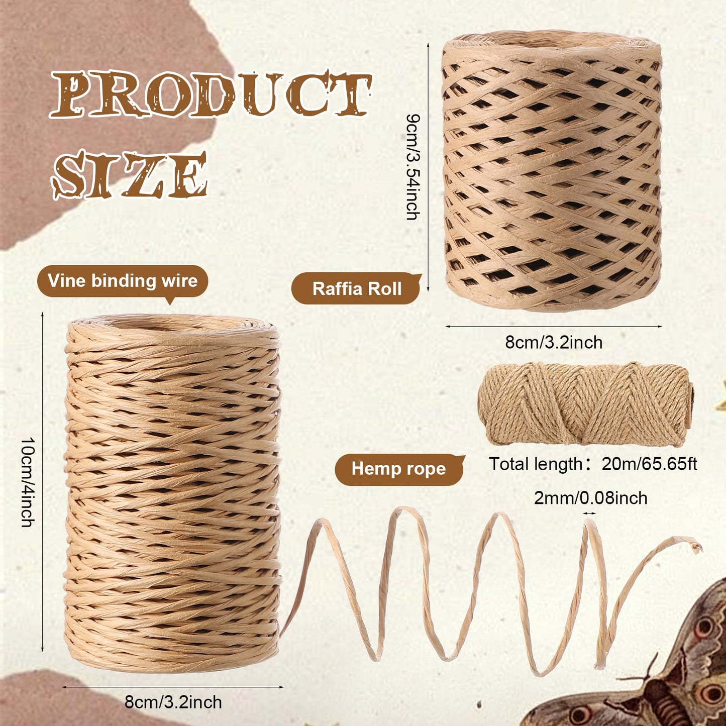 Threlaco 3 Set Boho Vine Binding Wire Raffia Paper Rope and Jute Rope, 164 Feet Floral Rustic Vine Bind Wire 66 ft 4mm Twine Ropes Raffia Straw for Bouquets Decor Craft Wrapping DIY Gift