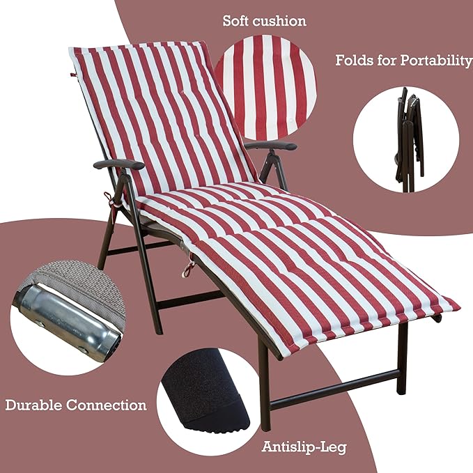 Kozyard Cozy Aluminum Reclining Lounge Chair - Perfect for Beach, Yard, Pool, Deck, Patio Outdoor Chaise Lounge with Drink Holder, Weather Free, Adjustable Assemble Free Red Strip
