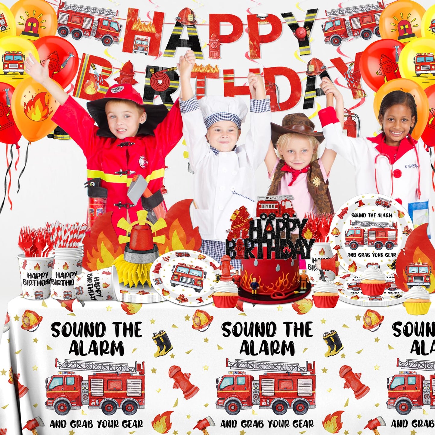 219pcs Firetruck Birthday Decorations Tableware Include Fire Truck Plates and Napkins Set, Cups, Banner, Hanging, Tablecloth, Cake Topper, Cupcake Topper for Firefighter Party Decorations Serve 24