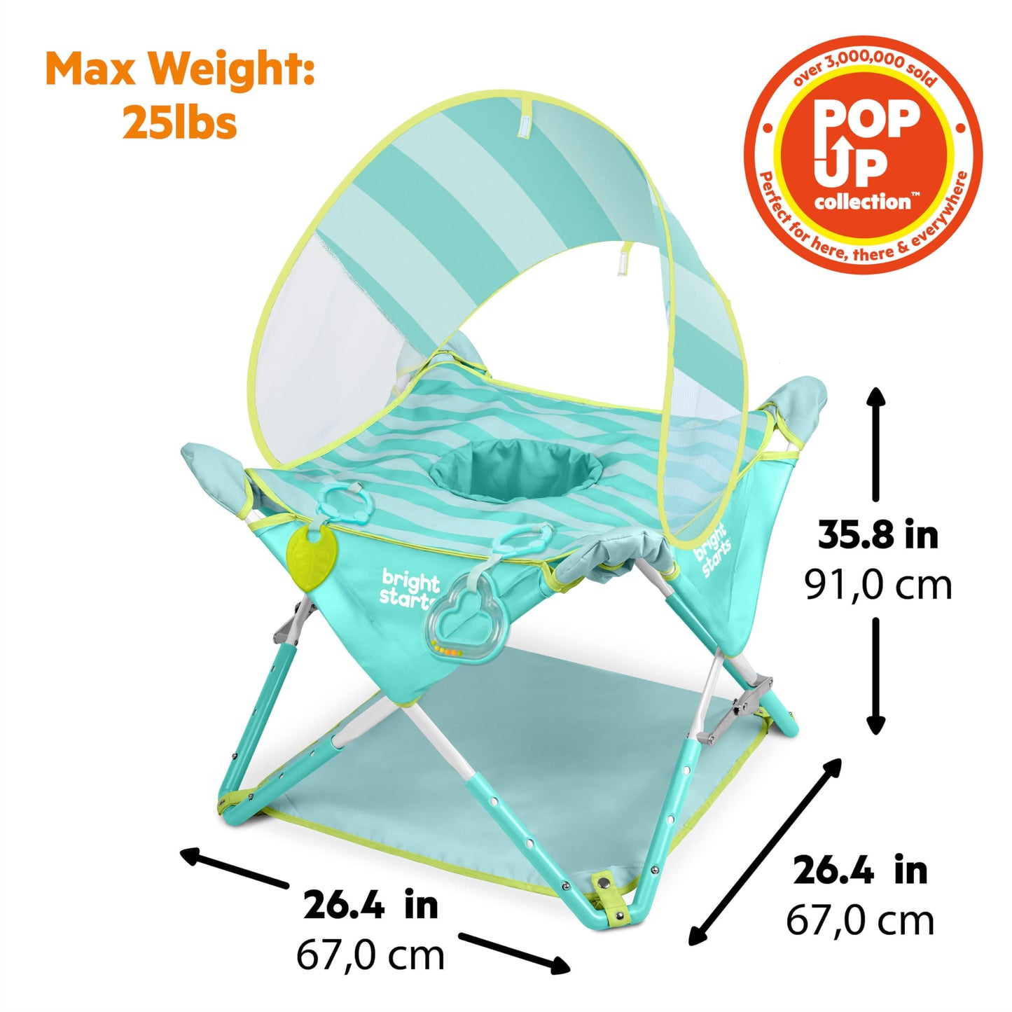 Bright Starts Pop 'N Jump Portable Baby Activity Center, Indoor Outdoor Use, Lightweight, Carrying Bag, Canopy, 6-12 Months - Sky Stripes Blue