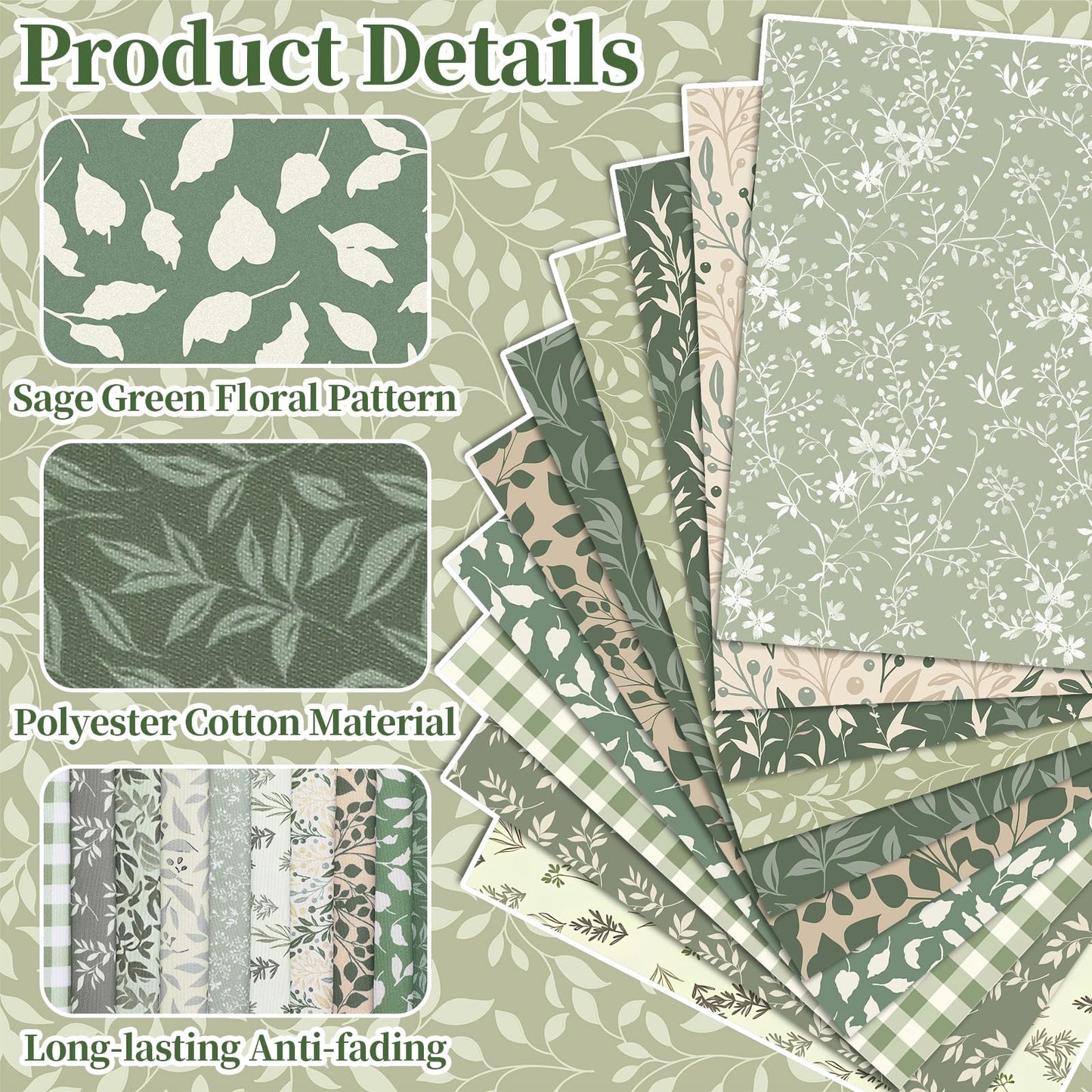 Hahafelt 10 Pcs 18 x 22 Inch Sage Green Fat Quarters Greenery Precut Fabric Bundles Botanical Green Leaves Plaid Flower Quliting Squares Patchwork for Spring Summer DIY Craft Sewing Quilt Material