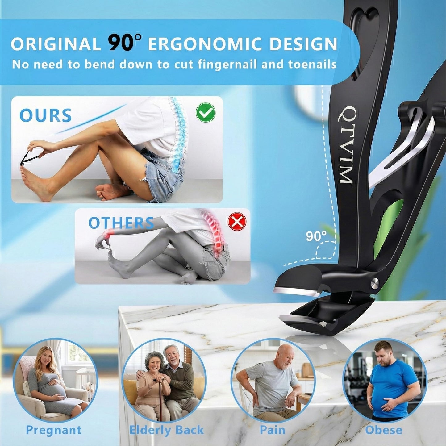 Toenail Clippers for Thick Nails for Men Seniors|3 Pack Ergonomic Long Handle Angled Head Toe Nail Clippers with Catcher|Premium Steel Wide Opening Fingernail Clipper-Heavy Duty Nail Clipper for women