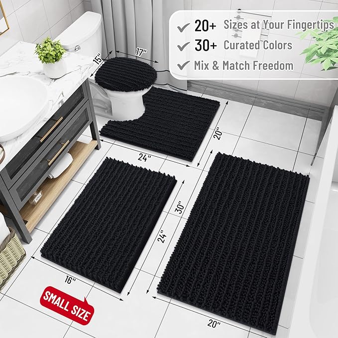 Arotive Luxury Chenille Bathroom Rug Mat, Extra Soft Thick Absorbent Shaggy Bath Rugs, Non-Slip Machine Wash Dry, Plush Bath Mats for Bathroom, Shower and Tub, 54x24, Black