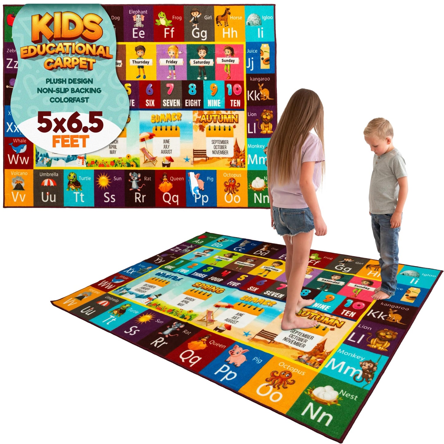 Educational Rug – Non-Slip ABC Carpet for Kids Room – 6.5' x 5' Soft Alphabet Kids Rug for Playroom, Daycare, Preschool, Classroom, Play Mat – Childrens ABC Mat with Letters, Numbers, Animals, Months