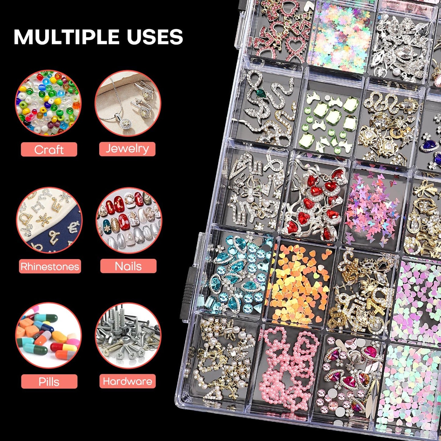 Noverlife 36 Grids Clear Plastic Jewelry Organizer Box, Nail Charm Holder Double Buckle Bead Organizer Storage Container Box, Empty Nail Box Organizer Earring Display Case Acrylic Bead Box for Women