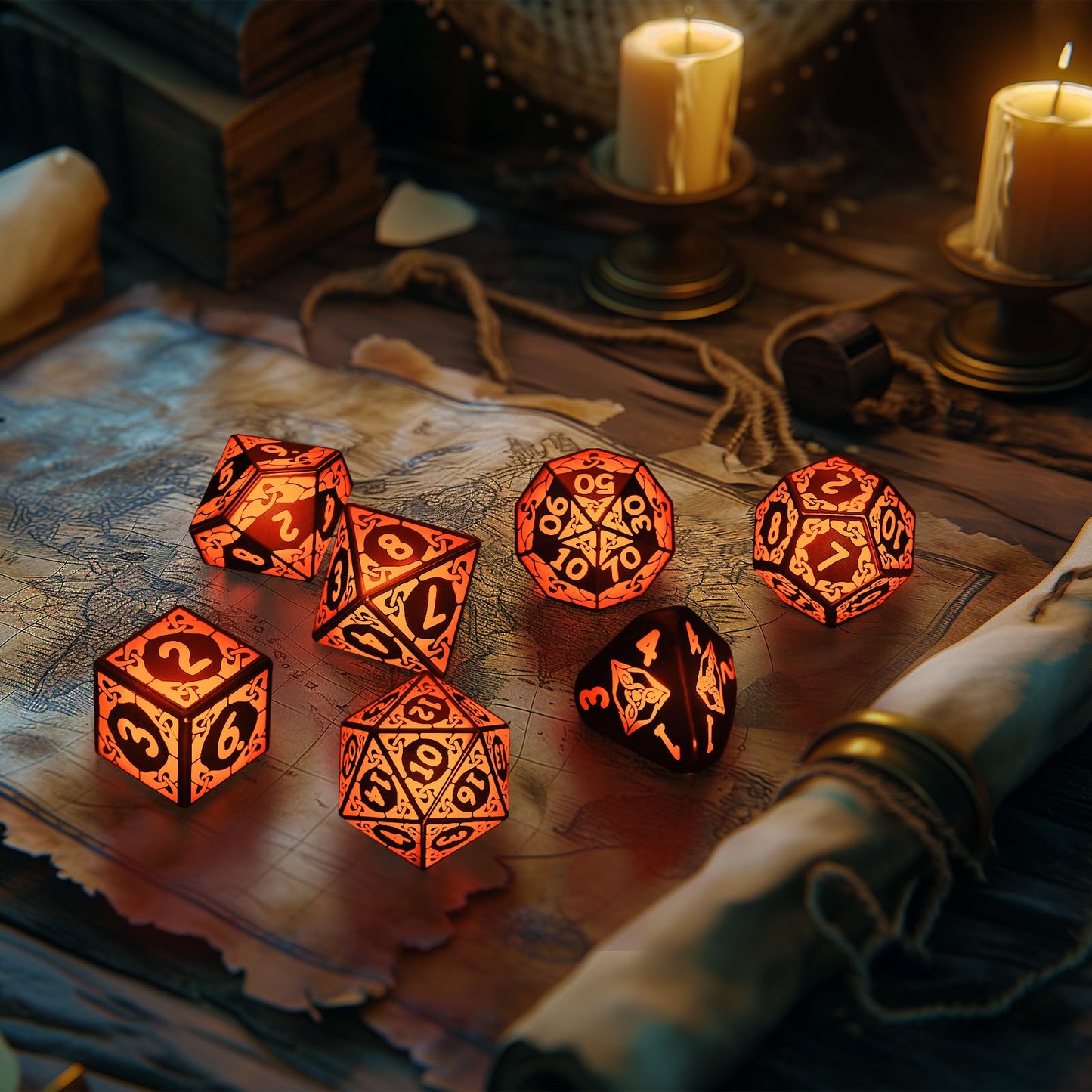 LED Dice Set for DND - Magical Glow Light Up Dice, Rechargeable Polyhedral Dice, Wireless Charging Case & Full 7-Die Set, for D and D RPG Games (Orange)