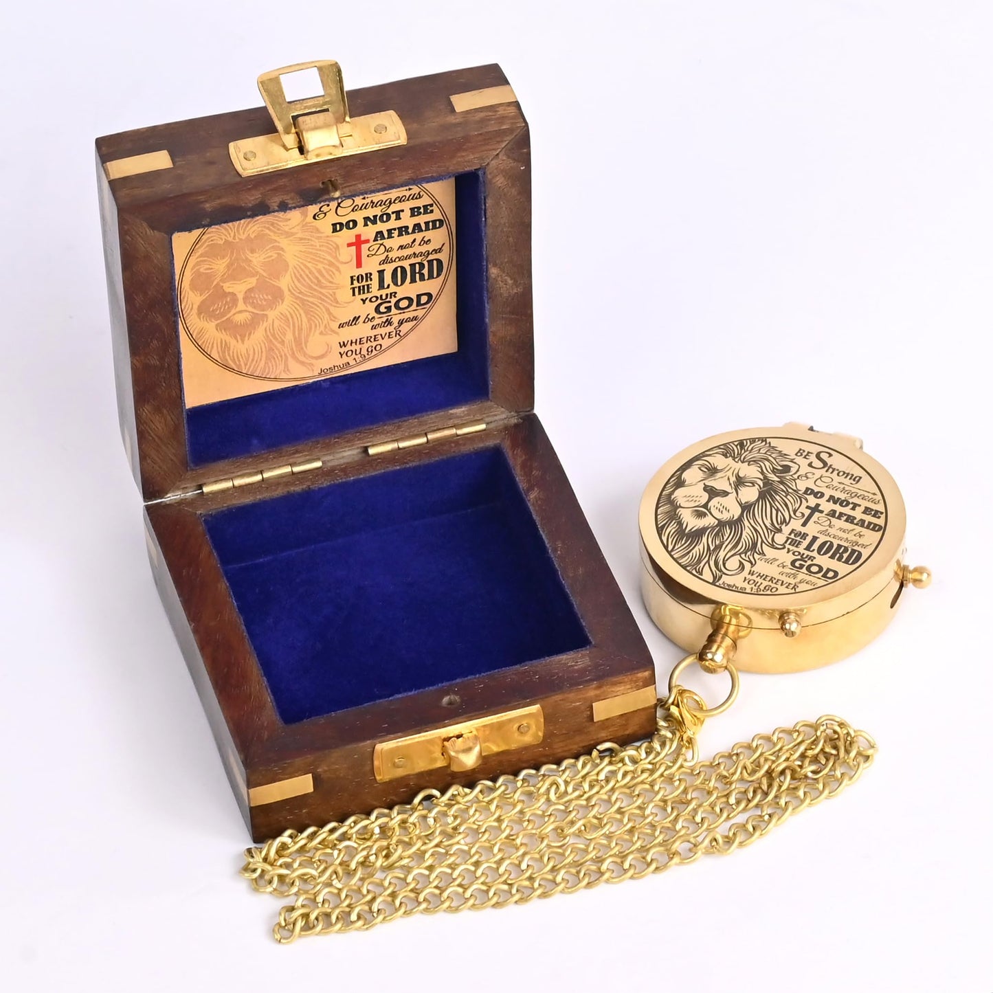 The New Antique Store - Brass Compass Engraved with Religious Scripture Verse (Joshua 1:9) - Perfect for Baptism, Confirmation, Communion - Ideal for Godson, Church, Graduation - Presented in Wood Box