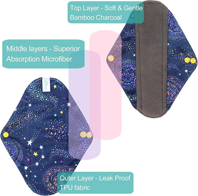 Leekalos Bamboo Menstrual Cloth Pads - Reusable Sanitary Pads for Light Incontinence - Pack of 6, 1 Cloth Mini Wet Bag