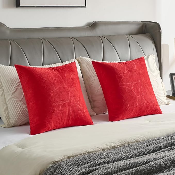 FUTEI Christmas Red Velvet Throw Pillow Covers 12x20 Inch Set of 2,Soft Embossed Leaf-Relief Textured Lumbar Pillow Cases,Natural Home Decor for Couch Living Room