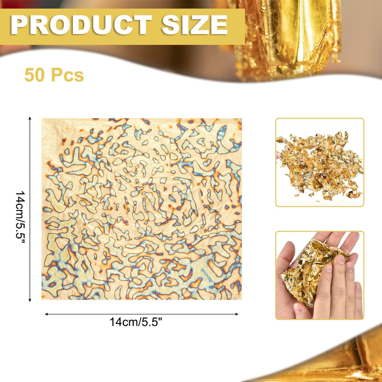 MECCANIXITY 50 Pcs Gold Leaf Sheets 5.5" x 5.5" Imitation Gold Foil Sheets Variegated Booklet with Pattern for Crafts,Picture Frames,Nails and DIY Arts Decoration,Gypsophila Gold