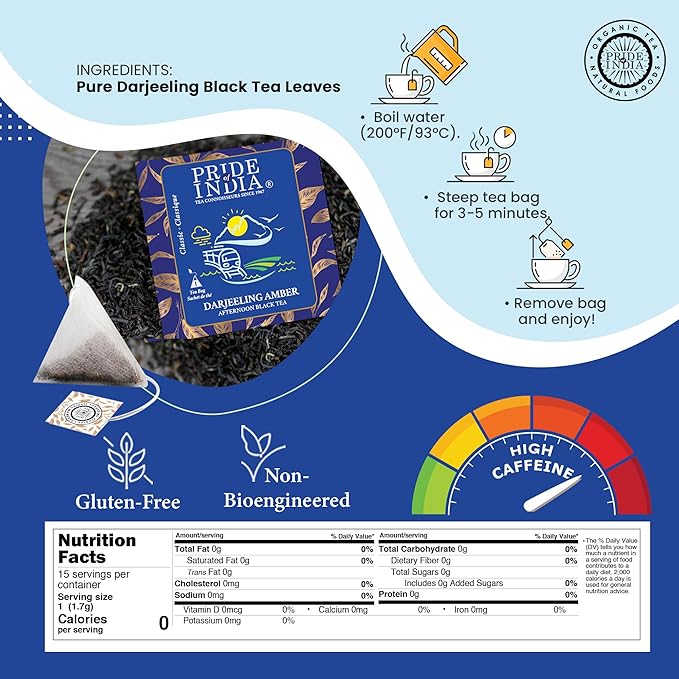 Pride of India | PACK of 6 - Darjeeling Amber: Afternoon Black Tea | 15 Pyramid Full Leaf Individually Wrapped Tea Bags | Smooth, Musky, Flowery Flavor| Single Estate Certified Classic Tea