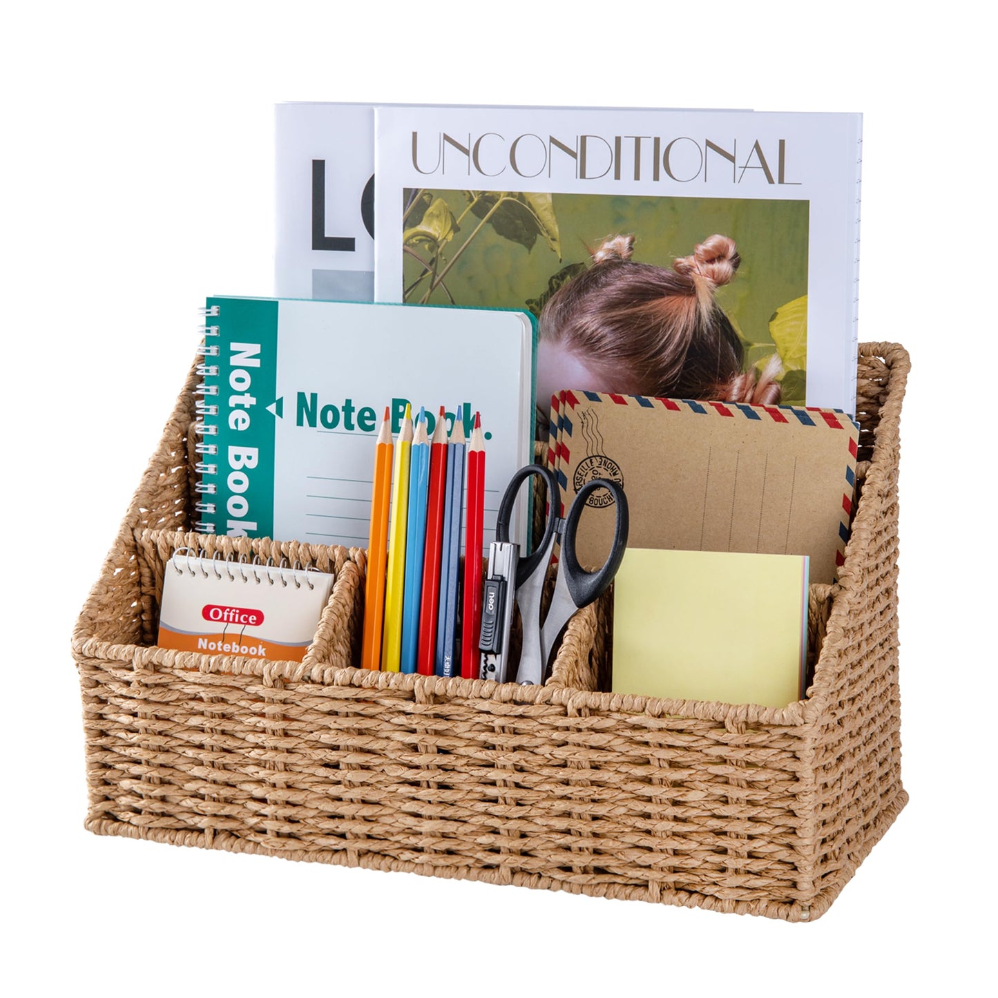 DINGTAI Rattan Desk Organizer, Tabletop Mail Holder, 5 Slot Mail Organizer Countertop Basket, Rattan Office Supplies, Boho Office Desk Accessories, Wicker Desk Organizer, Magazine Holder（Wicker）