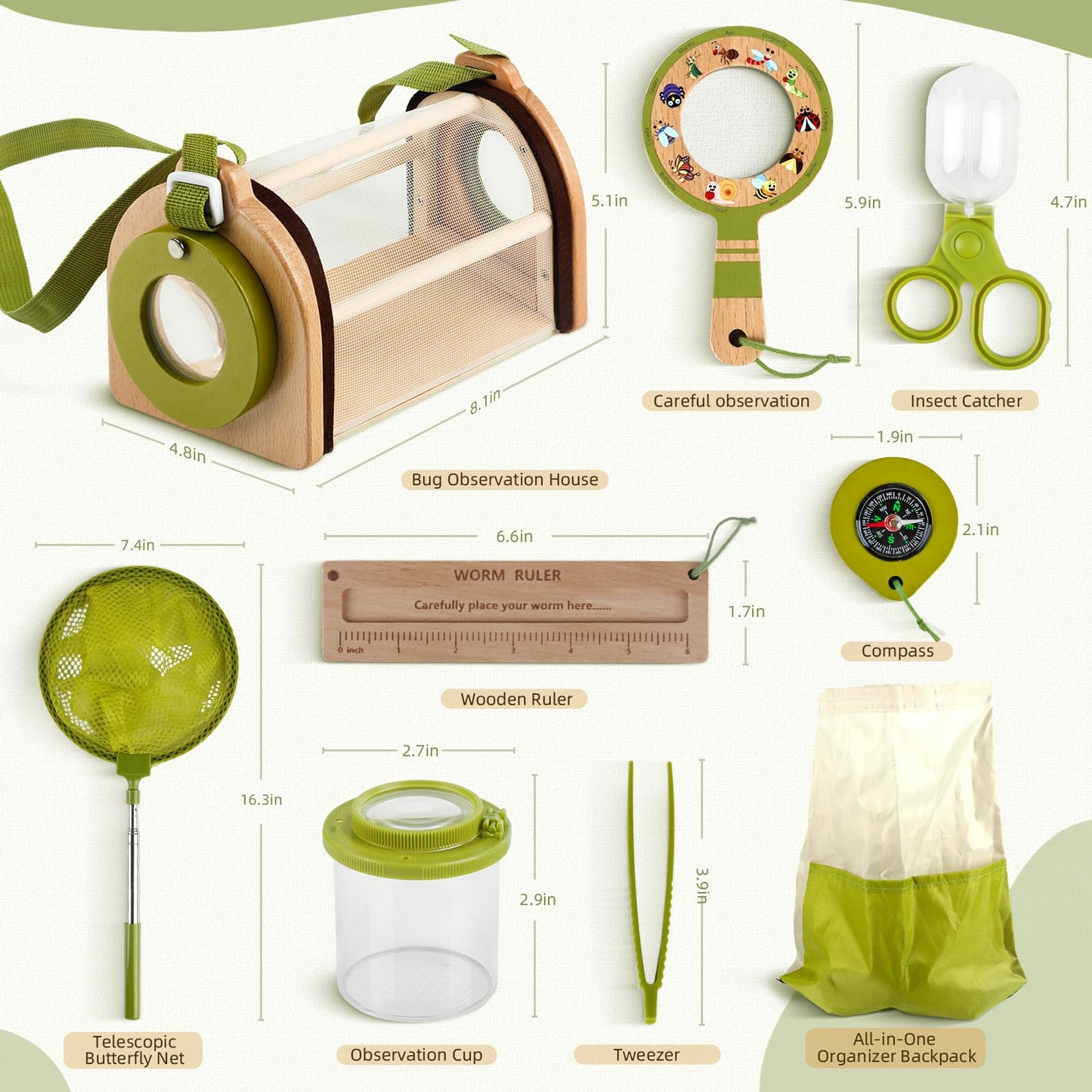 Wooden Bug Catcher Kit for Kids, Outdoor Explorer Toy Set with Butterfly Net, Magnifying Glass, Bug Container &Other Adventure Kit for Backyard Bugs Hunting and Camping Gifts for Boys Girls Age 3-12
