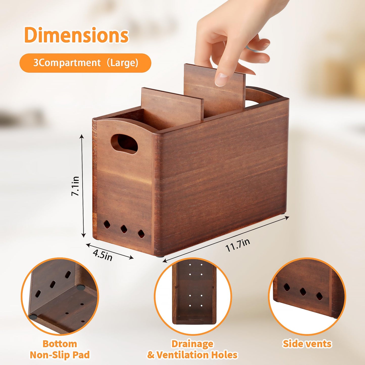PrimZooty Natural Acacia Wood Utensil Holder for Kitchen Counter (Large), 3 Compartment with Removable Dividers 11.7"x7.1"x4.5", Large Cooking Utensil Organizer - Anti-Scratch Bottom