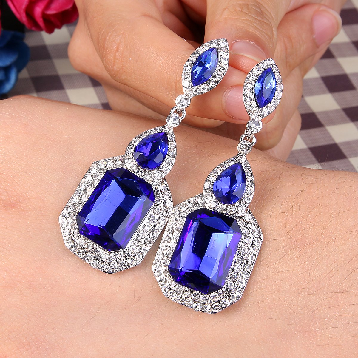 BriLove Women's Wedding Bridal Dangle Earrings Emerald Cut Crystal Infinity Figure 8 Chandelier Jewelry Royal Blue Sapphire Color Silver-Tone