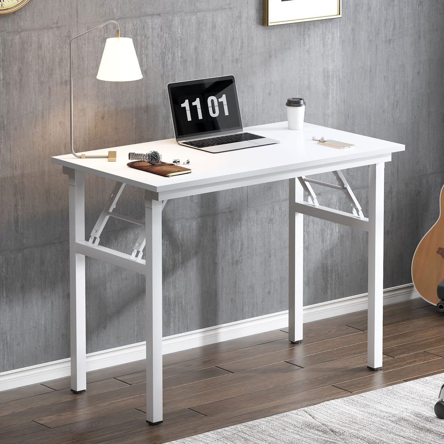 Need 31.5 Inch Folding Computer Desk for Small Spaces, White Study Foldable Writing Table for Home Office, Bedroom, Dorm Room & Student, No Assembly