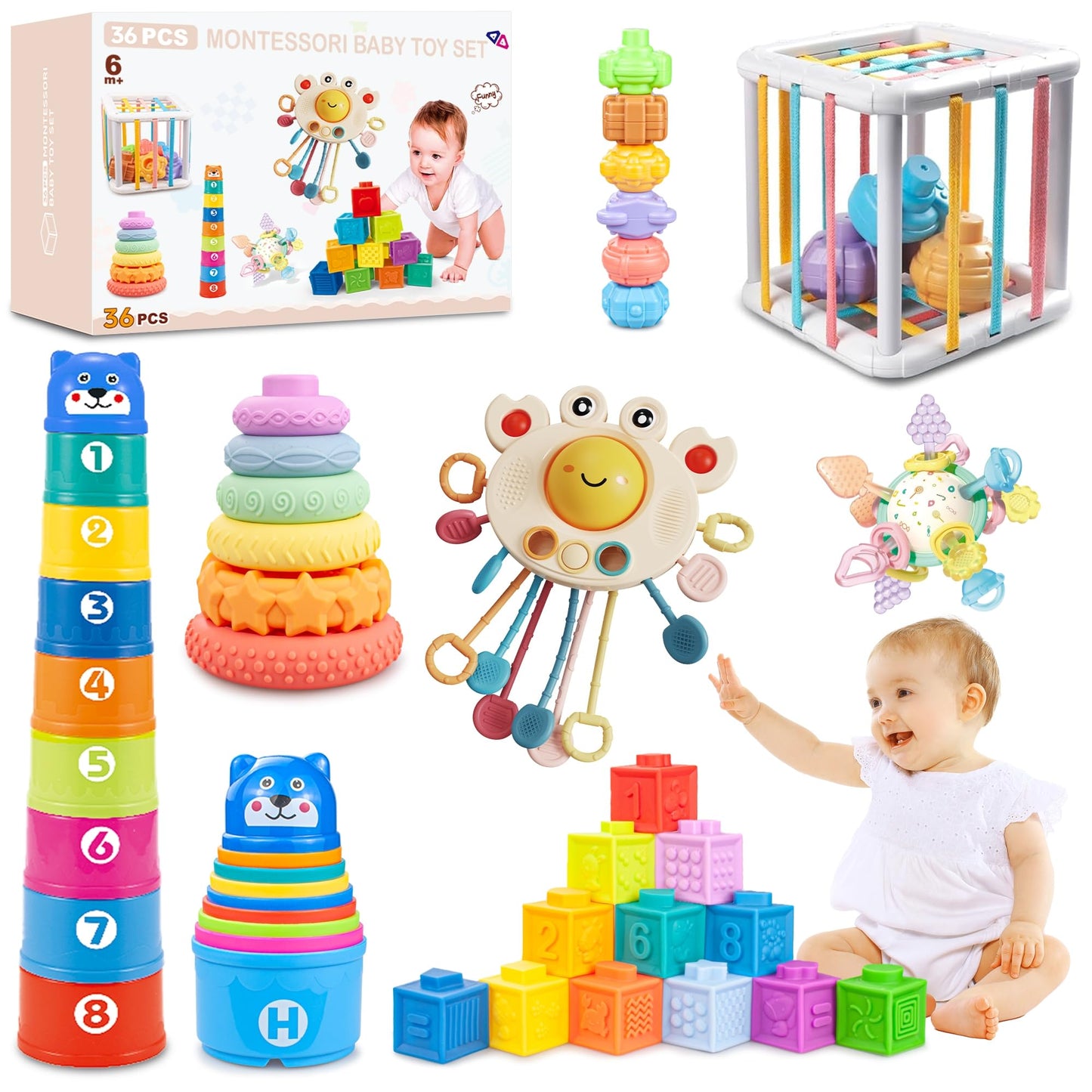 6 in1 Montessori Baby Toys 6-12 Months，Montessori Toy for Babies 6-12 Months，Incl 12pc Building Blocks &Silicone Pull String & Sensory Cube & Manhattan Ball& 2 Stacking Toys. Baby Development Toys