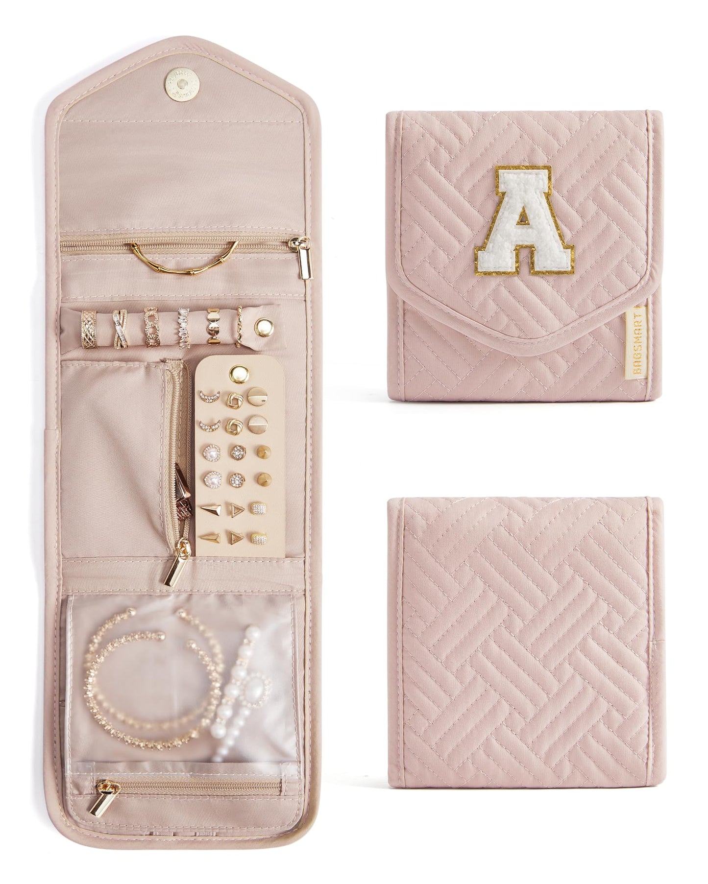 BAGSMART Travel Jewelry Organizer Case A Initial Foldable Jewelry Roll for Journey Rings, Necklaces, Earrings, Bracelets,Mini,Letter A,Soft Pink