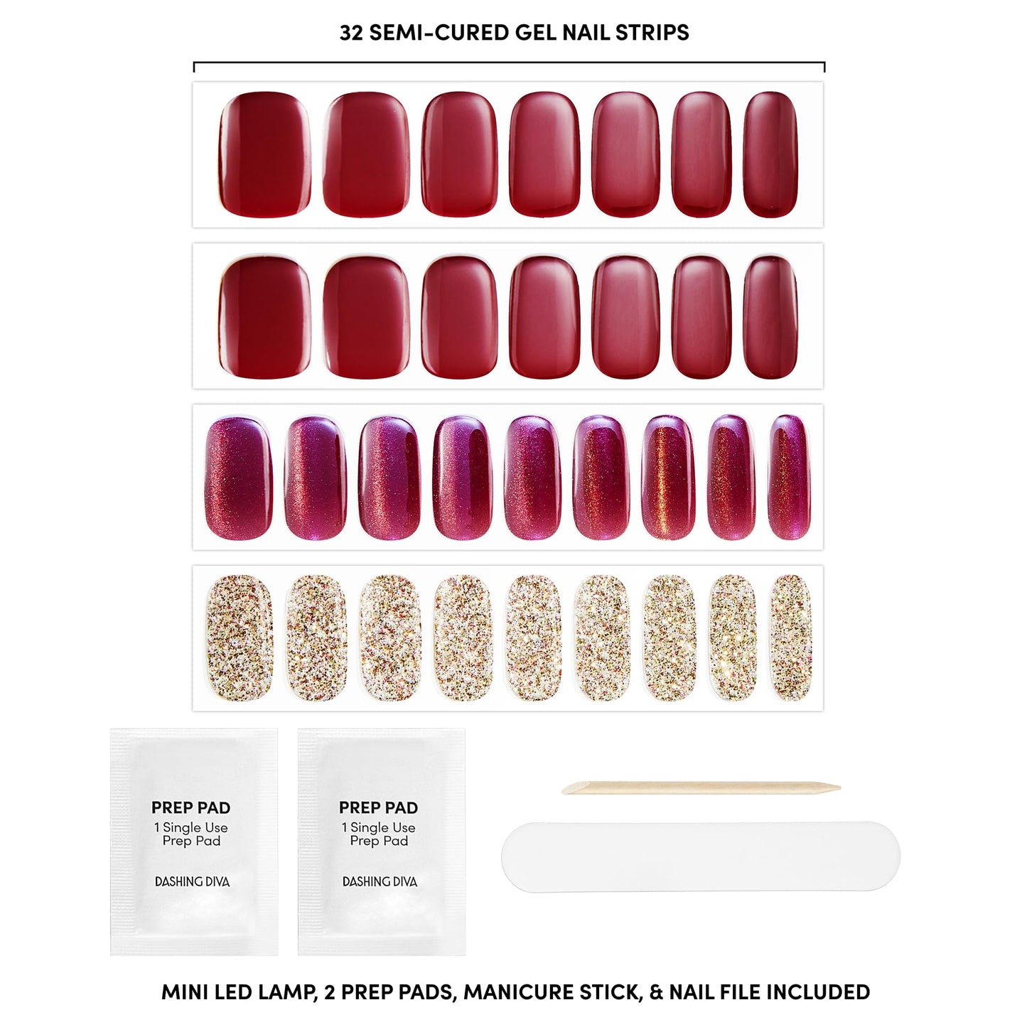 Dashing Diva Glaze Kit - By The Fire Place - Long Lasting, Chip Resistant, Semi-Cured Gel Nail Strips - 5-Piece Manicure Set with 32 Strips and Mini LED Lamp