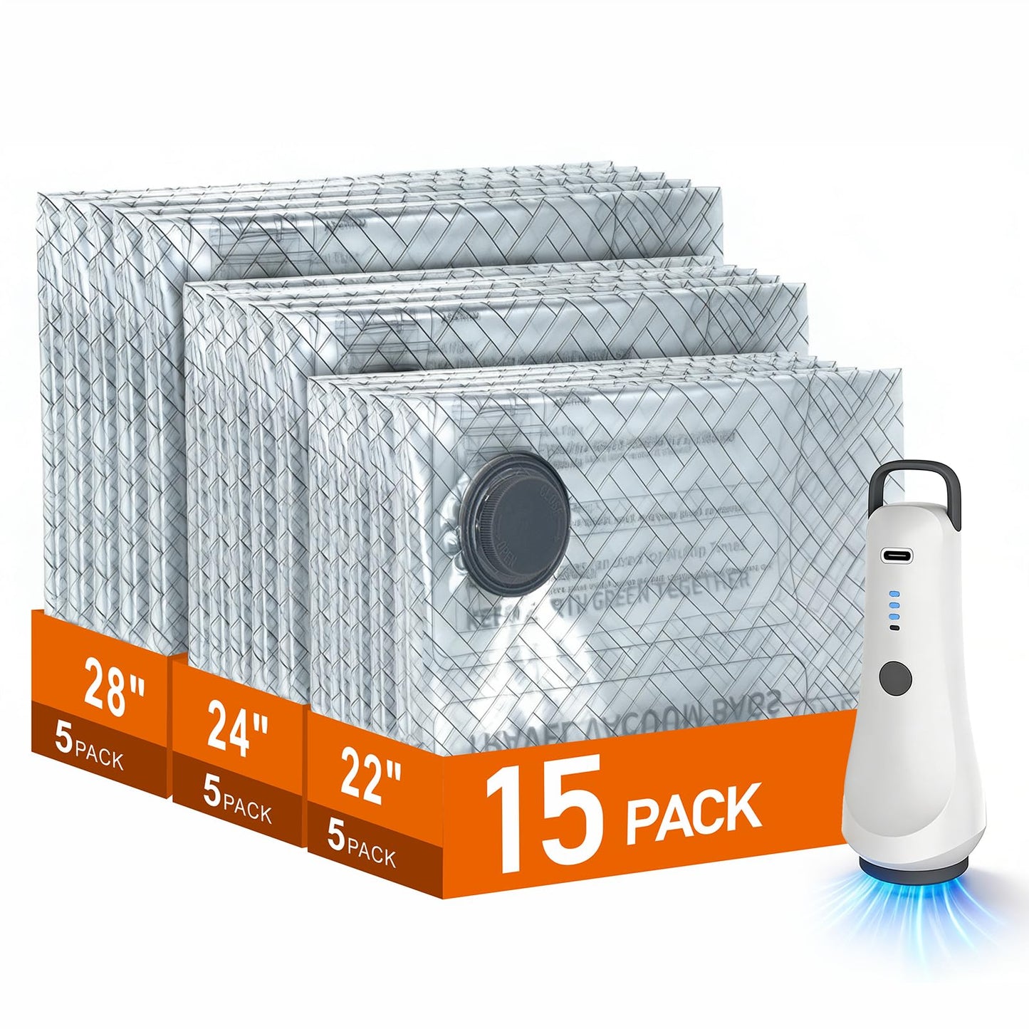 Travel Vacuum Storage Bags with Electric Wireless Pump, Travel Compression Bags for Luggage, Space Saver for Backpack & Suitcase, 15 Pack Combo