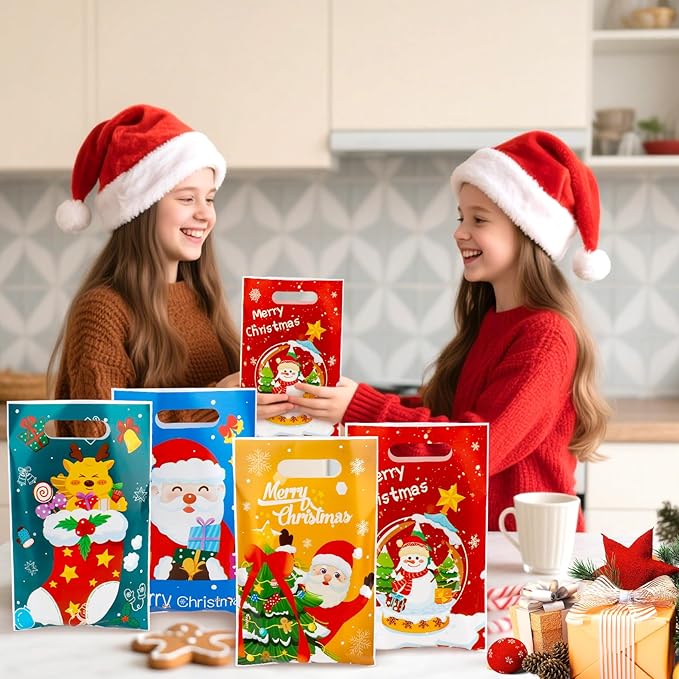 100 PCS Christmas Treat Bags with Handles, Christmas Goodie Bags, Xmas Gift Bag, Plastic Snowman Santa Claus Candy Goody Cookie Snack Bag Holiday Party Favor Bag for Xmas Winter Party Favor Supplies