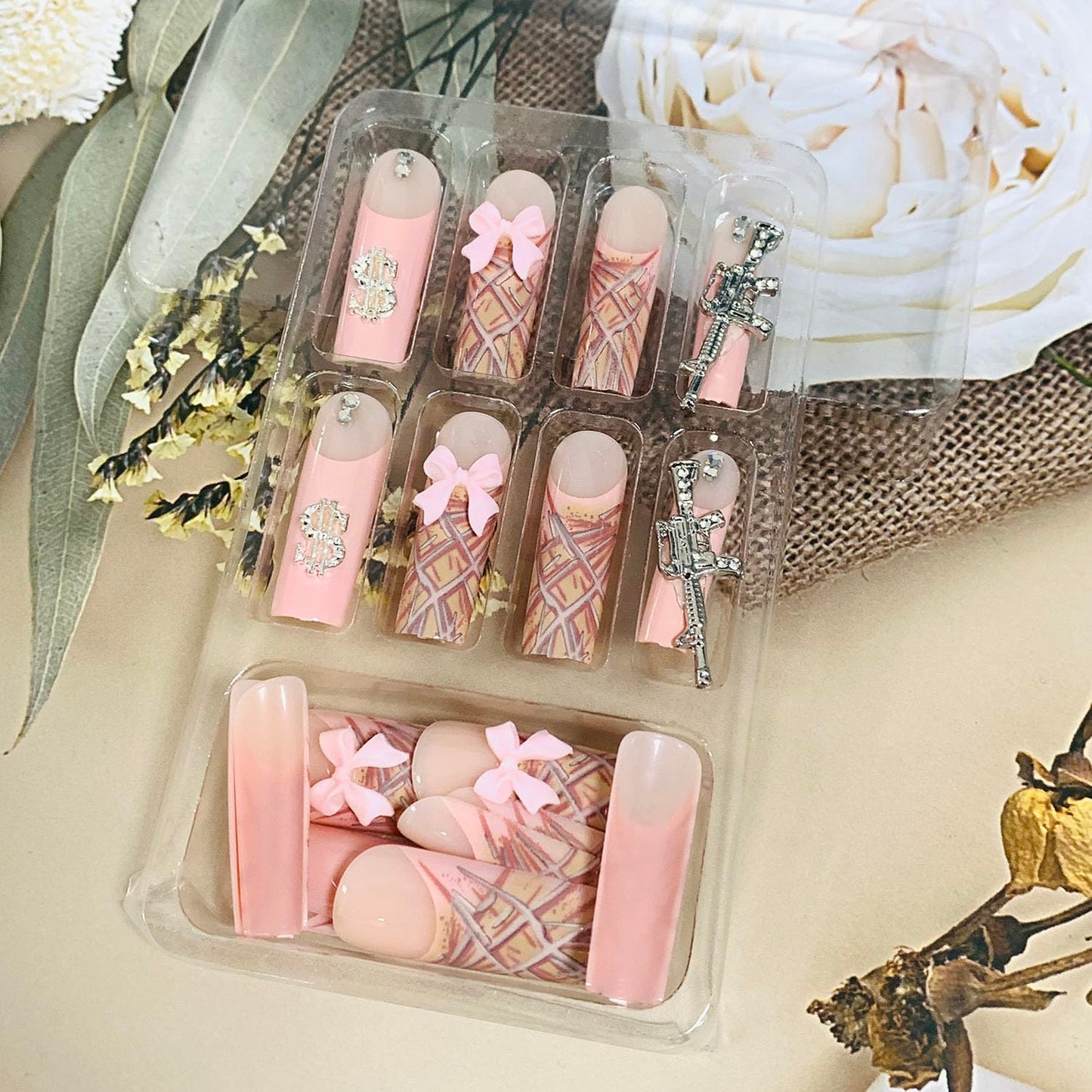 FIEONCIY Press on Nails Coffin Long Length Acrylic Glossy Full Cover Square Shaped French False Nails with Designs Artificial Extra Long Fake Nails with Charms Glue ons Fingernails for Women(AA106)