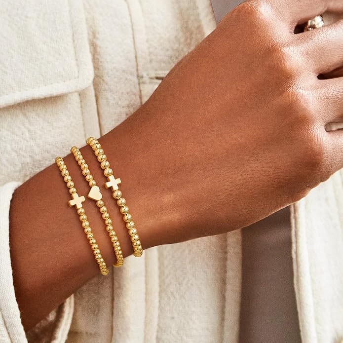 M MOOHAM Gold Beaded Bracelets for Women - 14k Real Gold Plated Beaded Pearl Bracelet Set Stack for Women Trendy Non Tarnisn, Adjustable Stretch Bracelet Jewelry Gifts for Teen Girls Women
