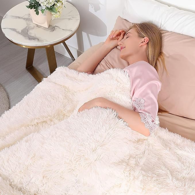 Tuddrom Decorative Extra Soft Faux Fur Blanket Queen Size 80"x90",Solid Reversible Fuzzy Fluffy Plush Fur Blanket for Couch Sofa Bed,Cream White