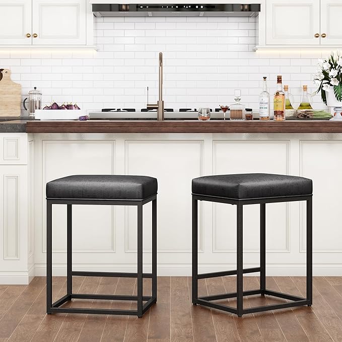 PHI VILLA Bar Stools Set of 2 - Thick Cushion Bar Chairs Metal Steel Frame Base with Footrest, Counter Height 24'' Bar stools