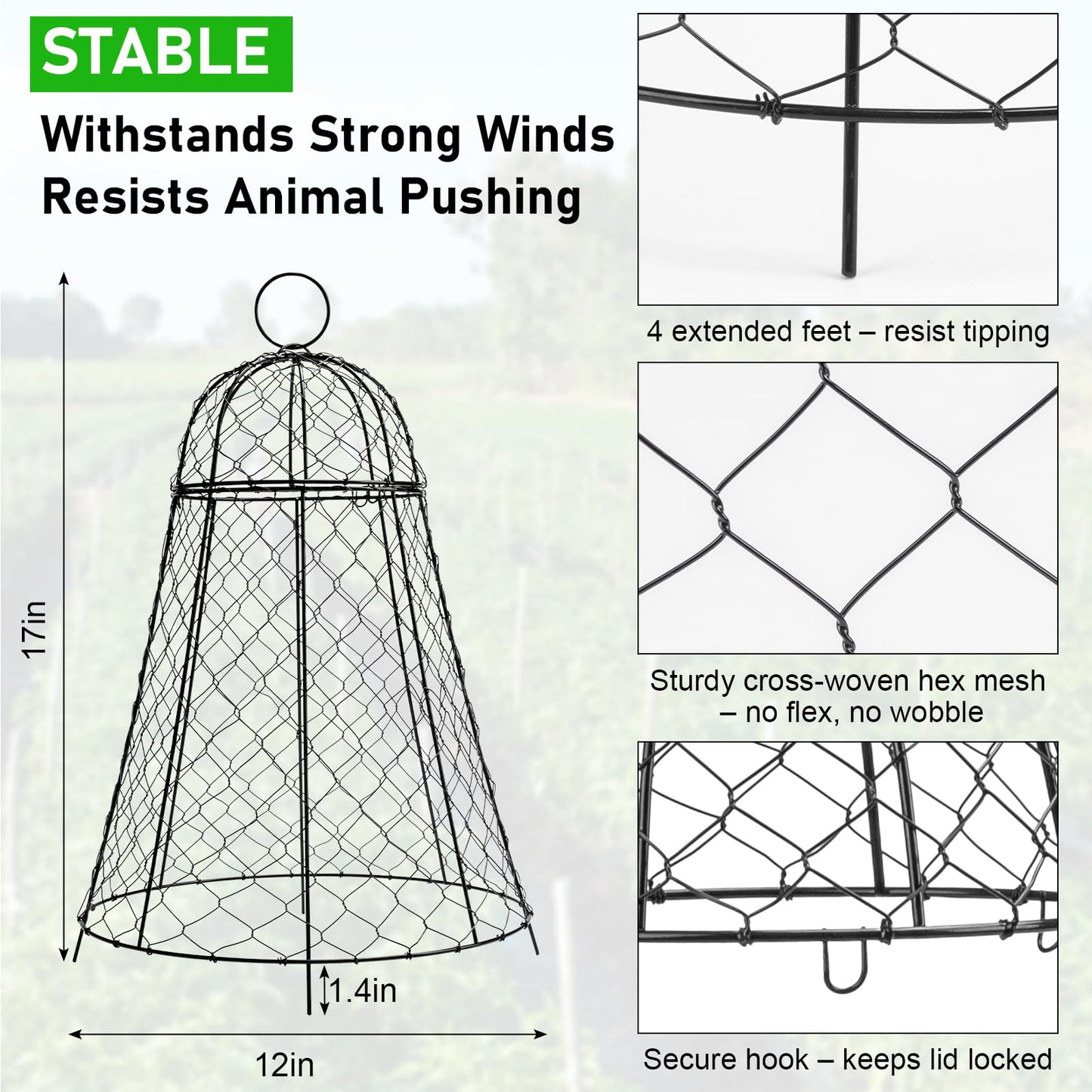 Garden Cloches for Plants 6 Pack - Chicken Wire Outdoor Plant Protectors from Animals - Heavy-Duty Metal Cage with Detachable Lid - Rustproof Covers - 12"D × 17"H - Blocks Rabbits, Squirrels & Birds