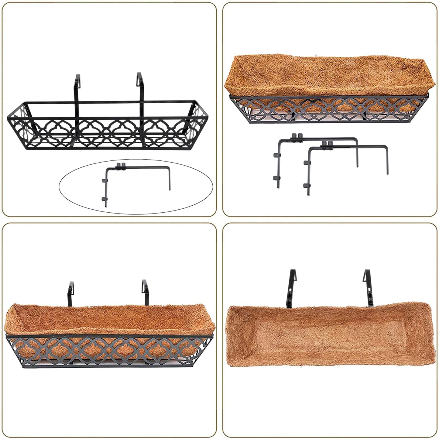 LAWYAMAI 24 Inch Railing Planter Box with Coco Liner, Adjustable Metal Hanging Planter, Window Box for Balcony Deck Fence, Outdoor Flower Box Black, 4 Pack