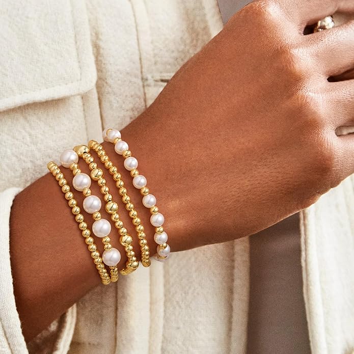 M MOOHAM Gold Beaded Bracelets for Women - 14k Real Gold Plated Beaded Pearl Bracelet Set Stack for Women Trendy Non Tarnisn, Adjustable Stretch Bracelet Jewelry Gifts for Teen Girls Women