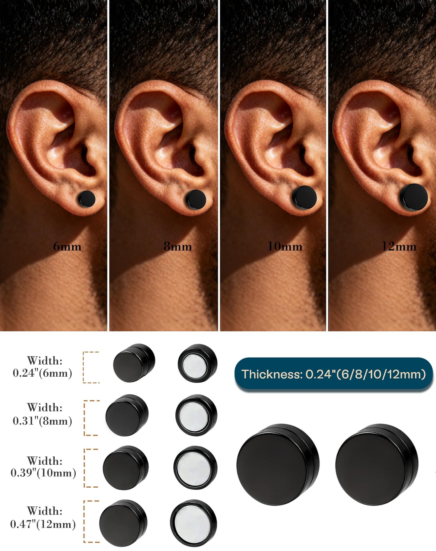 SIISPRI 4-5 Pairs 6-12mm Black Stainless Steel Magnetic Fake Gauges Earring Studs for Men Women Non Pierced Earrings,Hypoallergenic (Black(6-12mm 4 pairs))