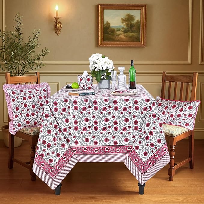 Ridhi -Sangria Red Cotton Tablecloth, Handblock Print Floral Table Cloth for Kitchen Dining Linen I Thanksgiving, Christmas, Wedding, Fall Décor 4 Seater 60x60 Inches Square