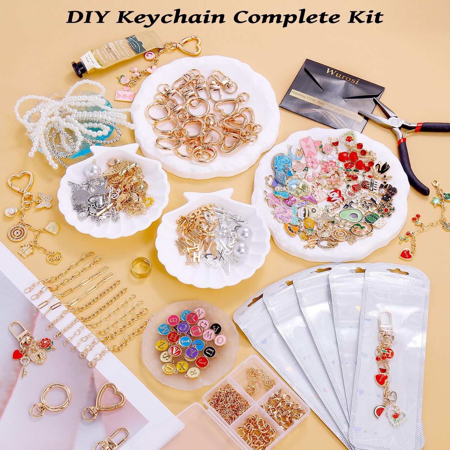 Wurosi 544Pcs Charms Lip Gloss Keychain Making Kit, Bag Charm Kits with Key Chain Hooks, Charms, Chains, Jump Rings, Lobster Clasps, Plier, Gift Bags & Tools, DIY Craft Supplies, Valentines Gifts