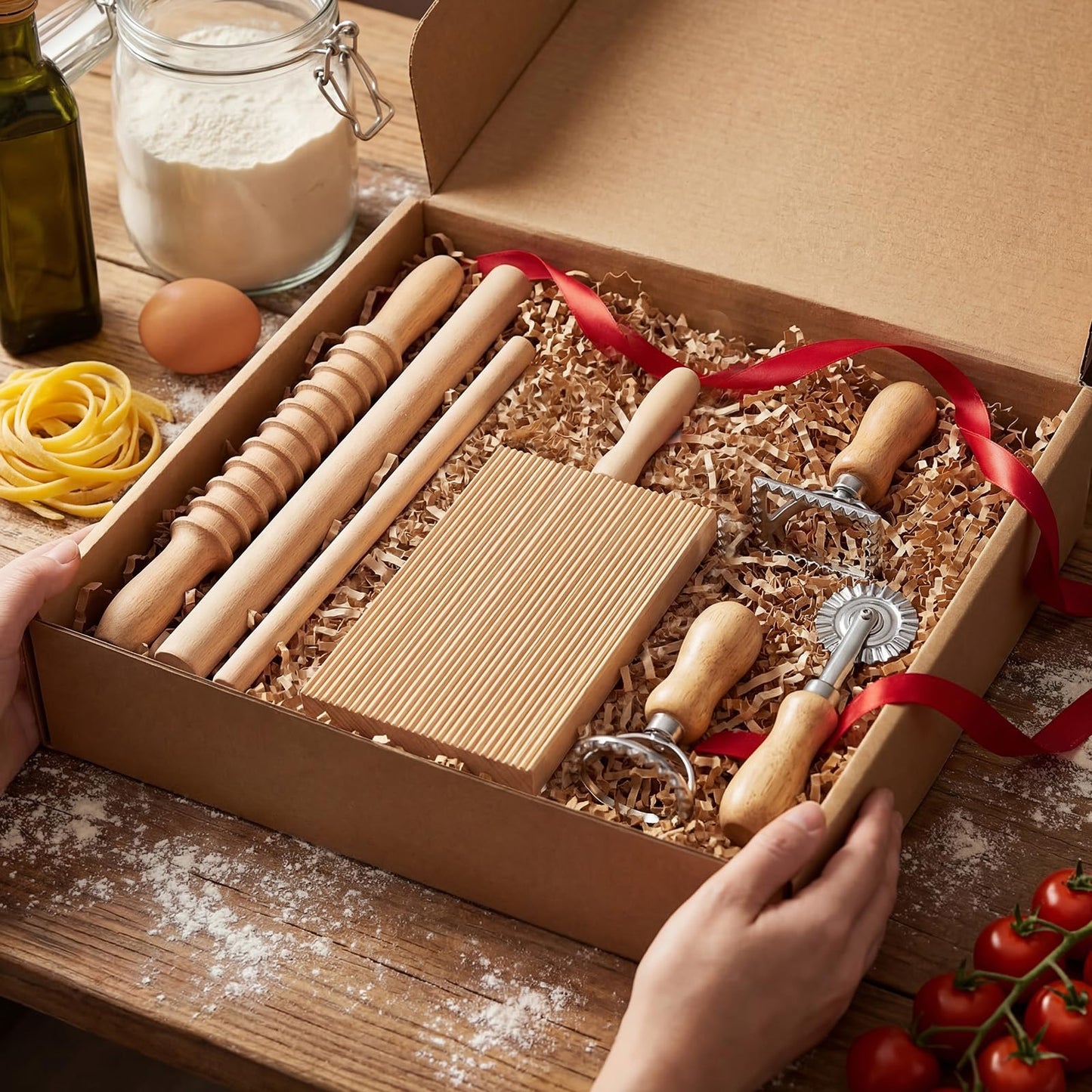 Tioncy 7 Pcs Pasta Making Tool Set Kitchen Gift for Mom, Wood Gnocchi Board with Ravioli Stamp Ravioli Maker Rolling Pin Gnocchi Garganelli Ltalian Pasta Tools for Beginners Mother's Day Home Cooks