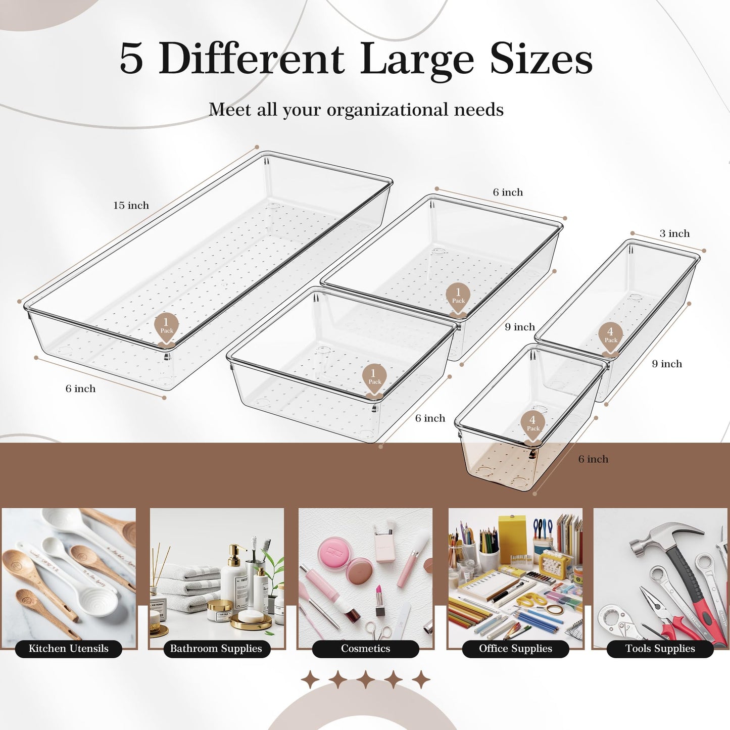 Criusia 11 PCS Clear Plastic Drawer Organizer Set - 5 Large Size Versatile Kitchen and Bathroom Organizer Trays, Non-Slip Storage Bins for Makeup, Utensils, Tool and Office Desk