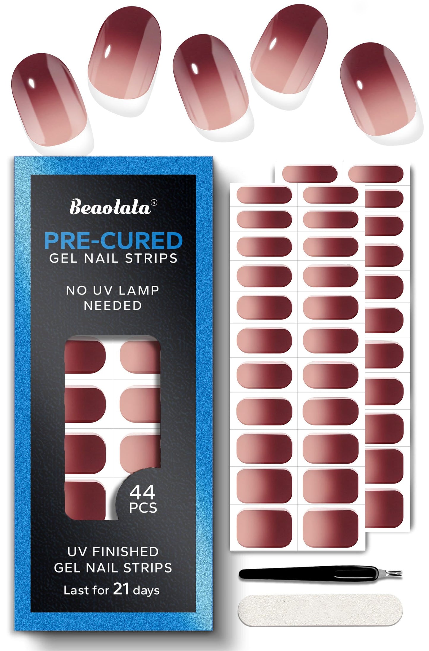Beaolata Real Gel Nail Strips (No UV Light Needed) - 44Pcs Salon Quality Nail Stickers - Long Lasting Polish Wraps for Women, Easy Apply & Remove (Deep Red Ombre)
