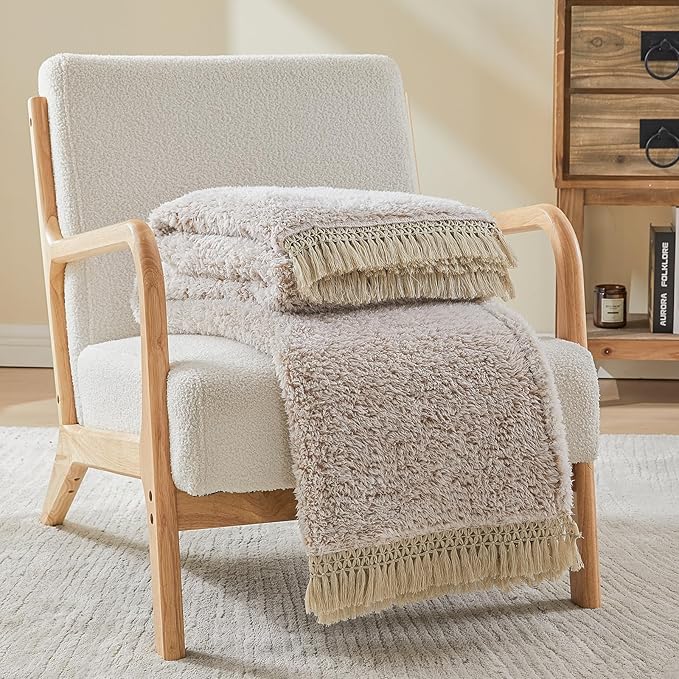 EMME Fleece Throw Blankets Soft Sherpa Plush Blankets for Couch Cozy Bed Blanket(Tassel Khaki, 90"x90")