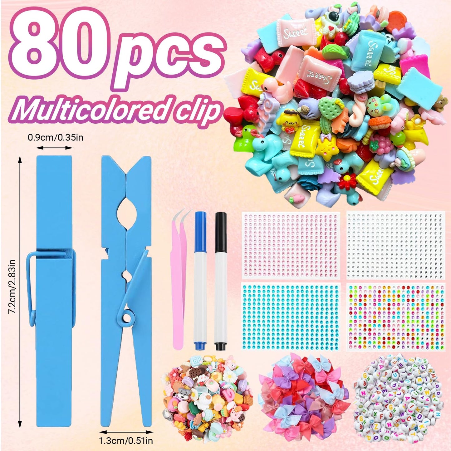 Hodvya 80 PCS Cheer Pins Spirit Clips Include 80 PCS Colored Wooden Clothes pins 99 Pcs Mini Resin Ducks Animals mini Bows and Stickers Pen 200 Beads Pearls Cheer pins for Cheerleaders