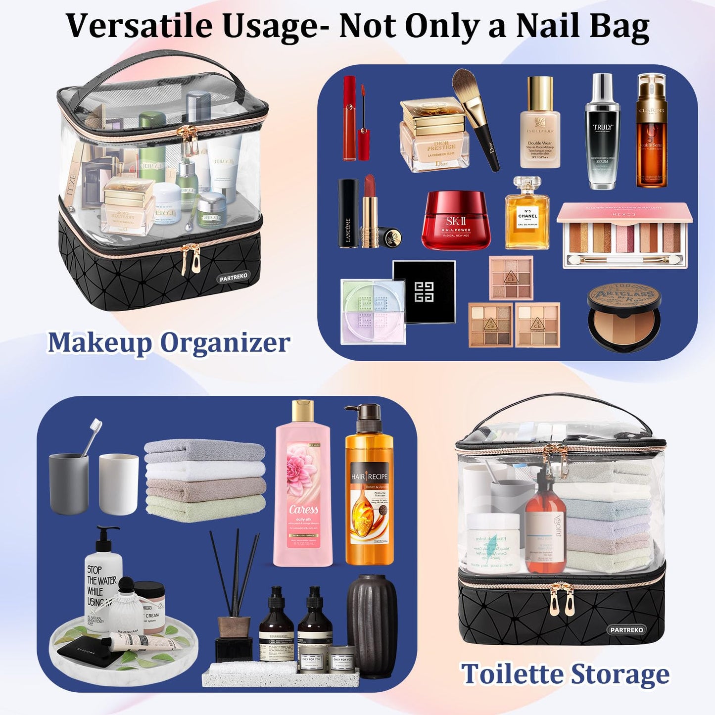 Partreko Clear Nail Polish Organizer Holds 60 Bottles (15ml/0.5fl.oz)& Nail Lamp, Double Layer Nail Supplies Organizer Case Transparent, PU Leather Nail kit Storage Bag for Manicure Tools (Black)