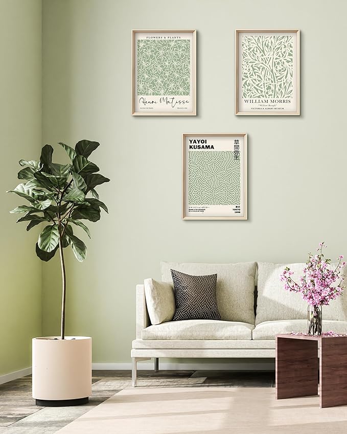 HesenDot Framed Matisse Sage Green Wall Art,William Morris Canvas Wall Decor,16x12IN High Framed Wood Design Prints,Minimalist Classic Decor Aesthetic for Living Room,Bedroom,Bathroom Set of 3