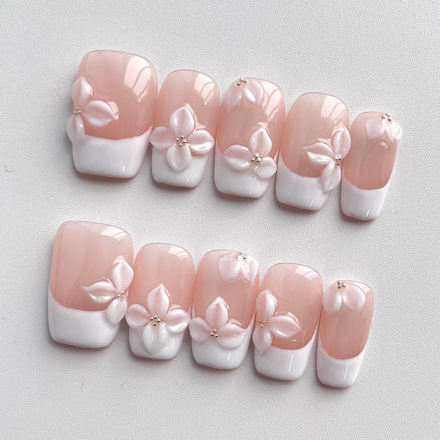 Handmade Press on Nails Short Coffin White French Tip Thick Acrylic Fake Nails 3D Floral False Nails with White Flower Embossed Designs Elegant Sturdy Nail Art Press on Nails 10Pcs(S)