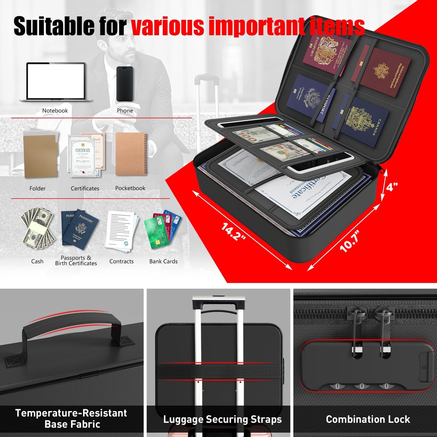 Fireproof Document Box with Lock,File Safe Bag for Home,Multi-Layer Important Document Organizer,Office Paper Storage File Folder Box for Laptop Certificates Passport,Portable Waterproof