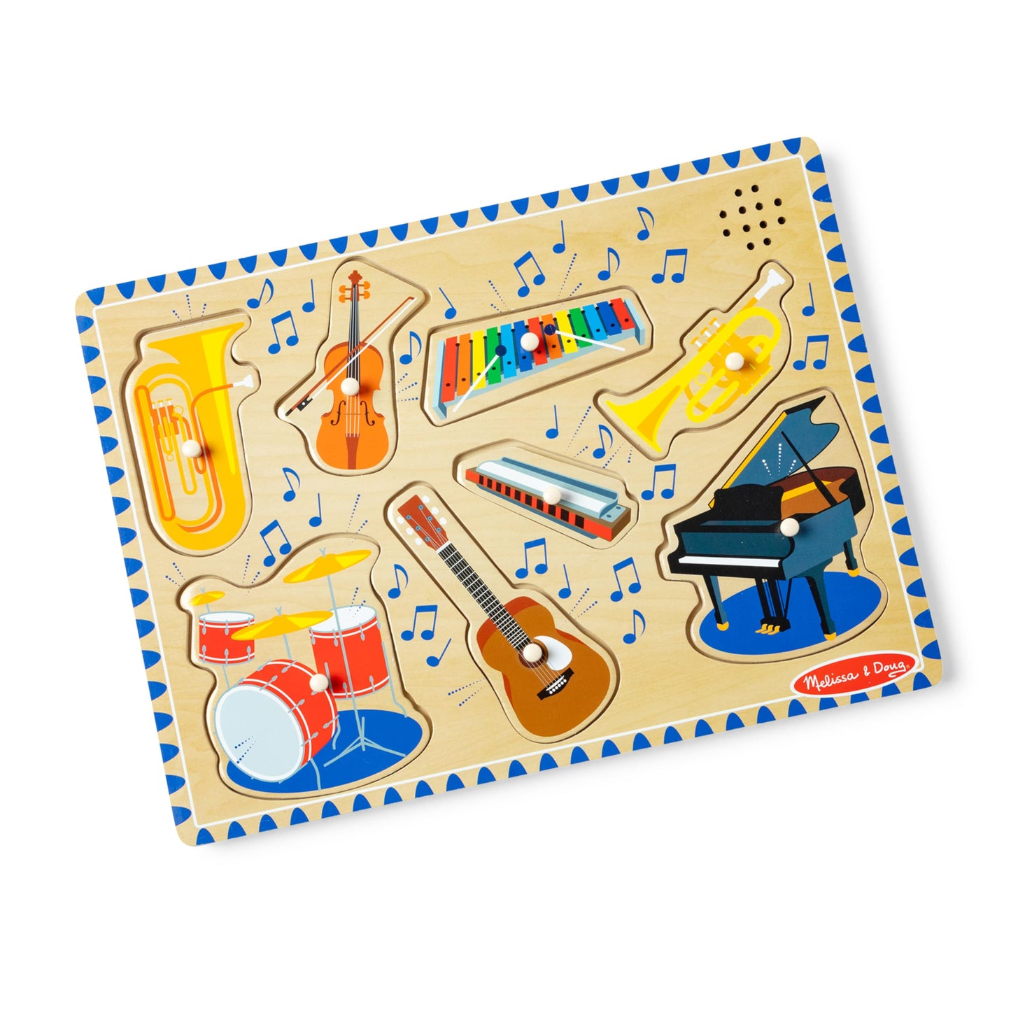 Melissa & Doug Musical Instruments Sound Puzzle - Wooden Peg Puzzle with Light-Activated Sound Effects (8 pcs) Wooden Peg Baby Music Learning Toys, for Toddlers and Preschoolers Ages 2+