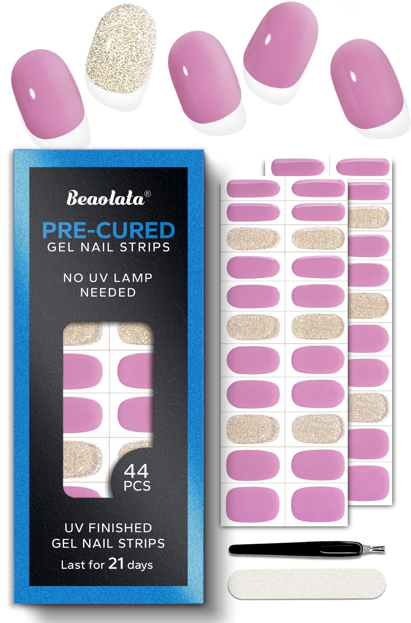Beaolata Real Gel Nail Strips (No UV Light Needed) - 44Pcs Salon Quality Nail Stickers - Long Lasting Polish Wraps for Women, Easy Apply & Remove (Peach Pink)