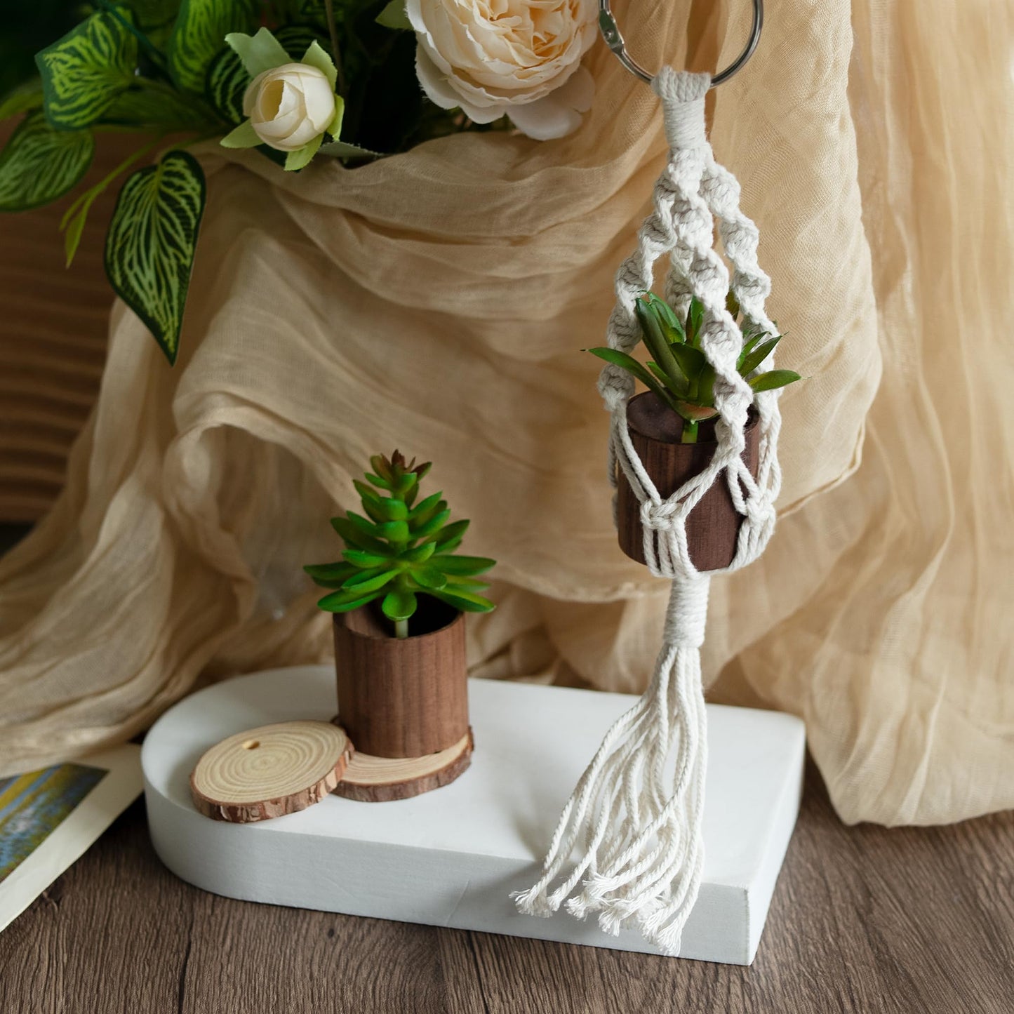 GAGILAND 2 Pack Car Mirror Hanging Accessories Mini Macrame Crochet Plant Car Air Freshener with Wooden Essential Oil Diffusers Reusable Cute Boho Plant for Rear View Mirror Home Office Decor