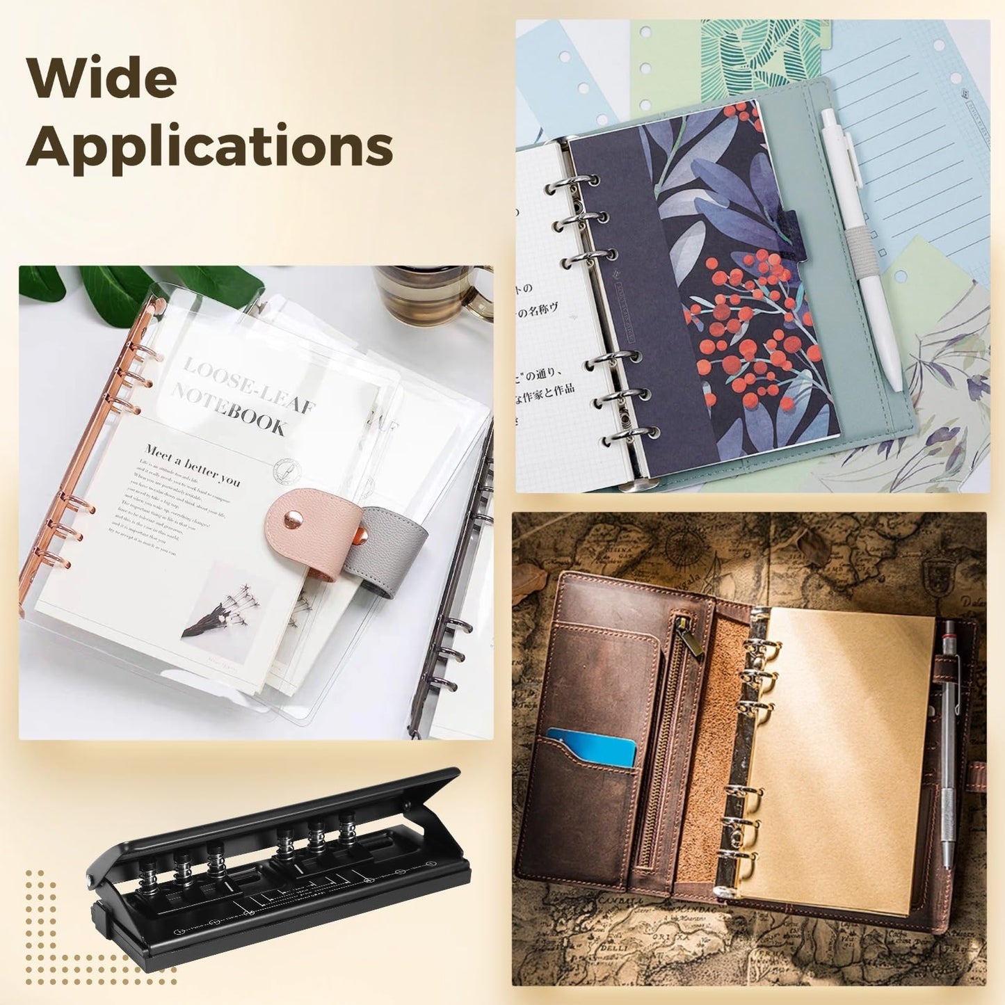6-Hole Paper Puncher Black, Accommodates A4, A5, A6, A7, A8, B5, M5 Refills, with Adjustable Hole Spacing and Positioning Scale, Punches 6-7 Sheets for Planner, Loose Leaf, and Scrapbooking